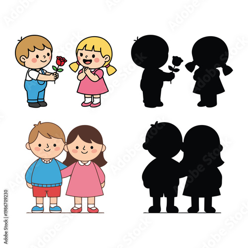 Cute boy and girl couple characters giving rose with silhouette version