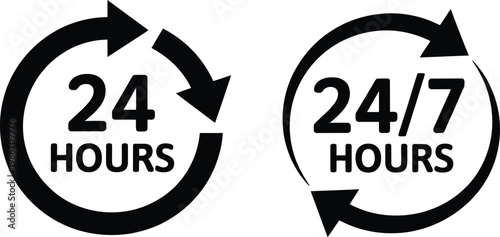 24 hour service icon set, clean vector illustrations of 24/7 customer support hotline and assistance symbols for business operations and service availability design.