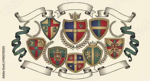Collection of ornate heraldic crests and shields with banners.