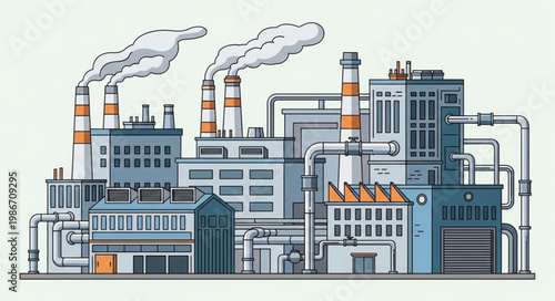 Industrial Factory Complex with Smoking Chimneys and Pipes.
