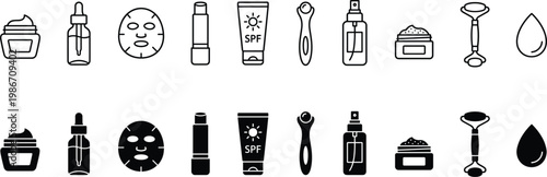Skincare Beauty Cosmetics Icon Set Vector – Outline and Solid Black Cream Serum Face Mask Lipstick SPF Roller Spray and Beauty Tool Symbols