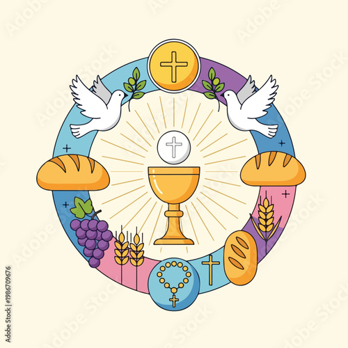 A colorful circular illustration depicting Christian communion elements