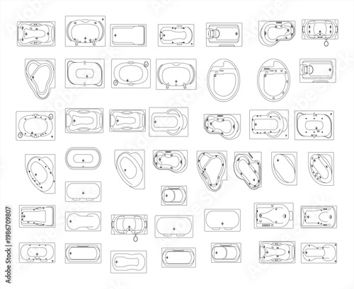 Standard Bath Tubs Classic Bathroom Fixture Collection Clean CAD Style Vector Illustration Isolated on White Background EPS 10