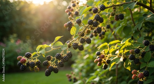 Sun Drenched Bounty A Beautiful Garden Scene with Rich Wild Blackberries under Golden Sunlight