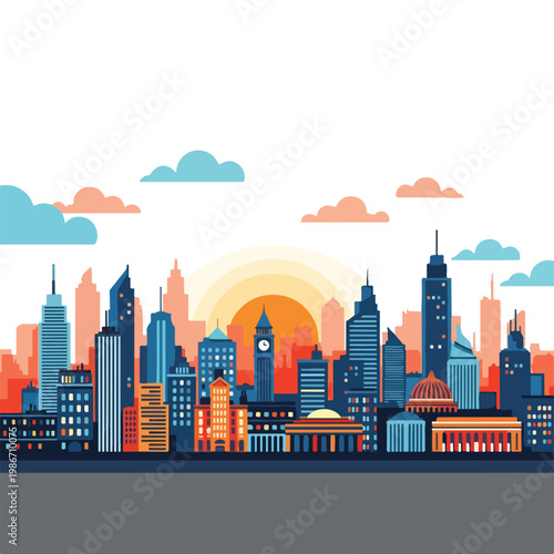Fotografie A colorful cityscape at sunset with modern buildings