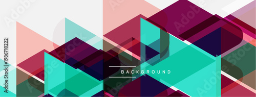 Abstract geometric shapes overlap. Pink, teal, burgundy hues dominate design. Modern background texture creates visual interest.