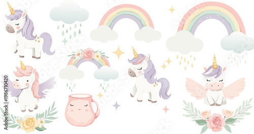Unicorns rainbows and flowers in a whimsical fantasy illustration for kids or children s party decorations and invitations