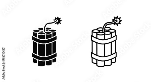 Two black and white depictions of dynamite sticks bound with twine and lit fuses