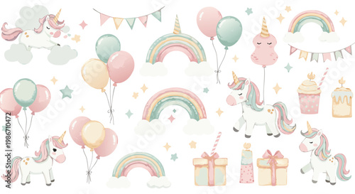 Whimsical pastel illustration of unicorns balloons rainbows and gifts for kids party celebration decoration