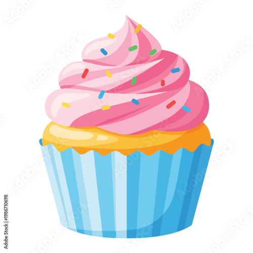 A colorful cupcake with pink frosting and sprinkles