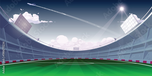 : Football stadium panoramic background with floodlights green pitch and airplane in sky