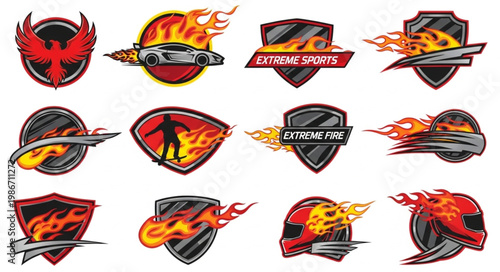 Collection of Extreme Sports Emblems with Flames and Shields.