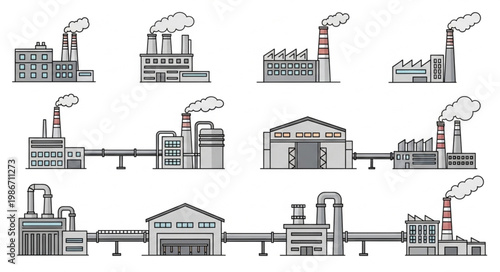 Collection of Industrial Factory Buildings with Smoke Stacks.