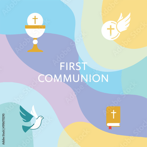A colorful First Communion graphic with symbols