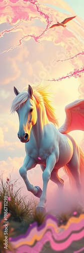 Surreal pastel dreams swirl around a glitching mythical steed,  creative,  dream