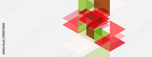 Abstract geometric composition. Overlapping squares, rectangles create dynamic visual effect. Red, green, brown hues dominate pale background.