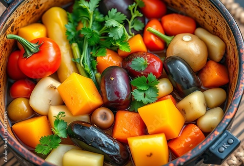 Vibrant medley of summer vegetables simmering in a rustic pot,   aromatic,  vibrant