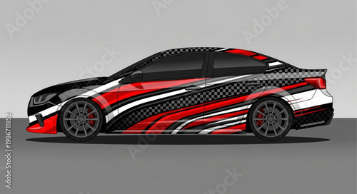 Sporty Sedan with Dynamic Red Black and White Graphics.
