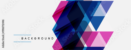 Abstract geometric shapes overlap, creating dynamic visual texture. Blue, pink, purple hues dominate design. Minimalist style.