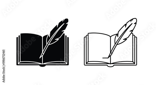 An open book with a quill pen resting on its pages shown in two styles