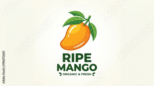 Ripe mango fruit with leaves and text food and drink food industry food logo