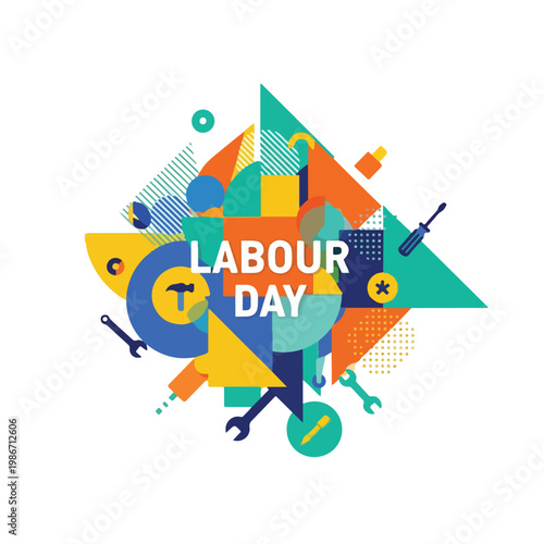 A colorful geometric graphic celebrating labour day with tools