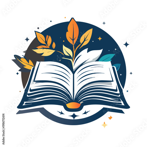 Knowledge Blossoms: An open book, a beacon of learning and growth, springs forth with vibrant leaves, a symbol of knowledge blooming