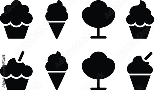 Ice cream silhouette icon set, black vector collection of various ice cream styles for dessert food design menu graphics and sweet treat illustration.