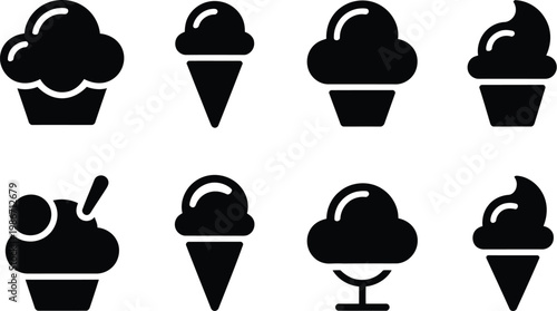 Ice cream silhouette icon set, black vector icons featuring different ice cream shapes for dessert menu branding food illustration and graphic design use.