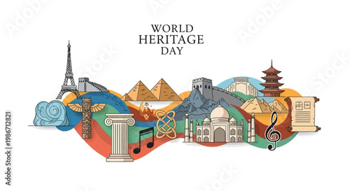 A vibrant vector illustration celebrates World Heritage Day with famous landmarks like the Eiffel Tower, Great Wall, Taj Mahal, and pyramids, set against a white background with a design