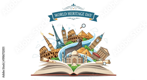 An open book displays illustrated historical landmarks celebrating World Heritage Day, including the Eiffel Tower and Colosseum, set against a clean white background with a vibrant