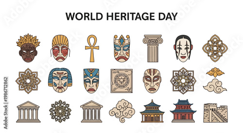 Vector illustration showcases diverse historical landmarks and cultural symbols in a flat lay arrangement, celebrating World Heritage Day with intricate designs and a neutral color palette