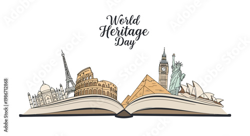 A vector illustration celebrates World Heritage Day, showcasing iconic landmarks like the Eiffel Tower, Colosseum, and Statue of Liberty arranged atop an open book, promoting global