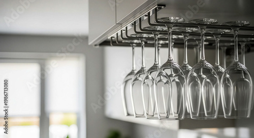 Wine glass hanging stemware symbolizing kitchen organization