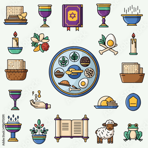 A colorful graphic depicting various Jewish holiday symbols and objects