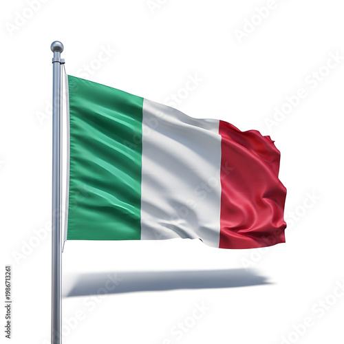 Italian flag waving on a silver pole isolated on transparent background