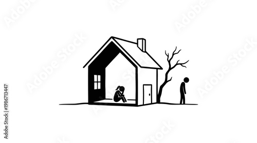 Sad People Inside and Outside of a House