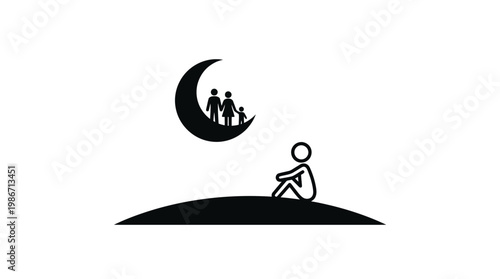 Lonely Figure Watching Family on Moon Symbol