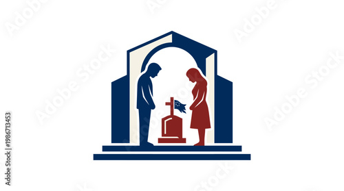 Mourning Couple at a Grave with Flag