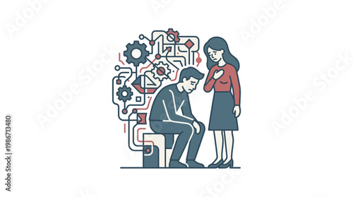 Woman Comforting a Man Overwhelmed by Technology