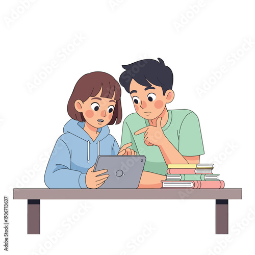 Two teenagers studying together while using a tablet at a table, teenagers using tablet in library  