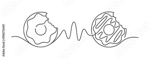 Two bitten donuts connected by a wavy line in continuous line style food sweet dessert