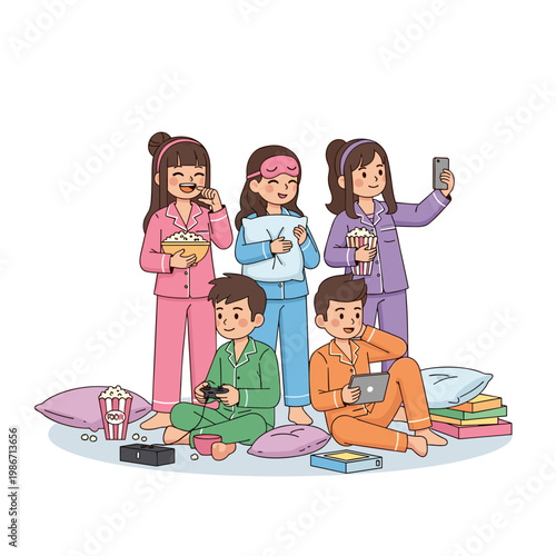 Group of teens enjoying pajama party while eating snacks and using devices  