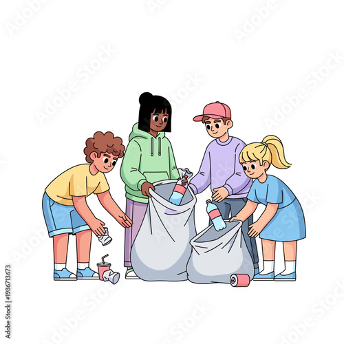 Teens picking up litter and collecting waste in a clean environment  