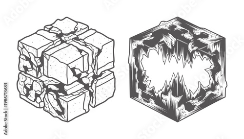 Two isometric cubes one cracked stone and one jagged ice rock