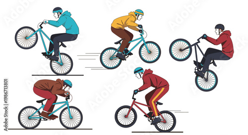 BMX Biker Performing Stunts and Tricks Vector Illustration, Extreme Cycling Athletes Jumping and Riding Bicycle Isolated on White Background