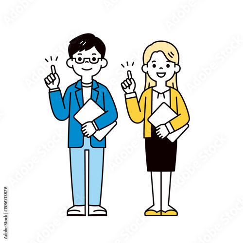 パソコンを持ってポイントを説明する、若い男性社員と女性社員の全身ベクターイラスト素材セット