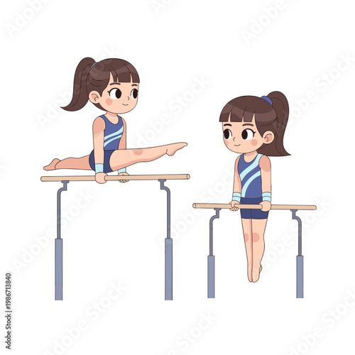Youth  gymnasts performing on parallel bars in athletic poses  