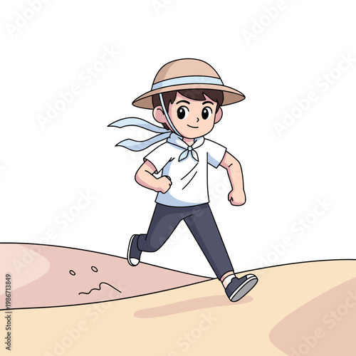 Youth boy running happily on sand dune in summer landscape  