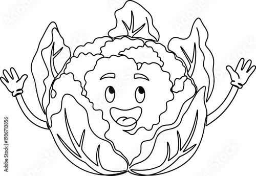 Happy cauliflower vegetable cartoon character with wide smile line art illustration, white backgroun